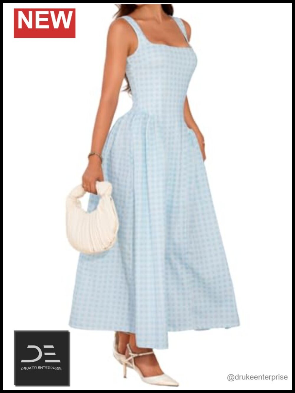 Plaid Maxi Dress A-Line Drop Waist Square Neck Adjustable Straps Semi Formal